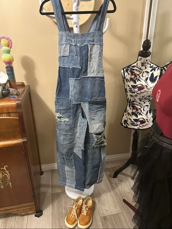 Free People Patchwork Denim crossover Overalls - Blue - Picture 1 of 8